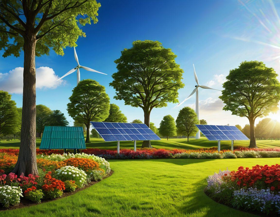 A serene and lush green landscape depicting various elements of nature harmoniously blending with symbols of insurance like shields and policy documents. Include eco-friendly symbols such as wind turbines and solar panels, with a bright sun shining down, signifying hope and sustainability. A diverse group of people engaging with nature, showcasing community and awareness about green insurance. vibrant colors. super-realistic.