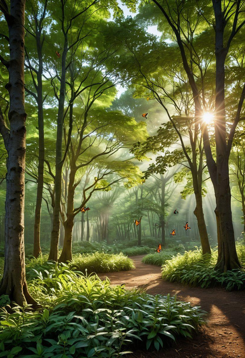A serene landscape showcasing a lush green forest with sunlight filtering through the trees, symbolizing the harmony between nature and eco-friendly practices. Include elements like a small eco-friendly insurance office nestled among the trees, with happy people discussing insurance options. Add butterflies and birds to emphasize biodiversity. The overall tone should exude peace and sustainability. vibrant colors. super-realistic.
