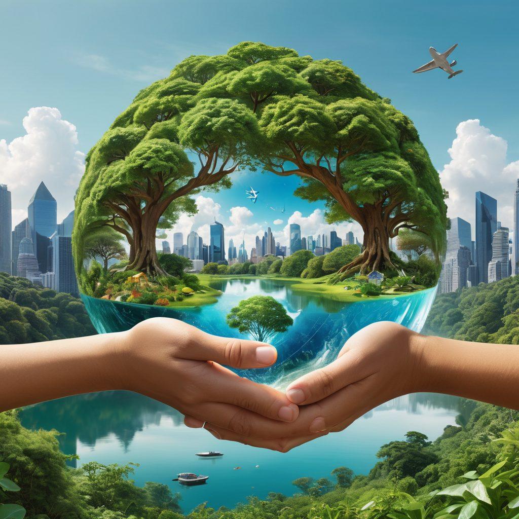 A visually striking collage depicting a lush green landscape intertwined with symbols of insurance like a shield and a hand protecting a globe. Incorporate elements of nature such as trees, animals, and clean water, signifying environmental protection. Show a futuristic city in the background, emphasizing harmony between nature and technology. The colors should be vibrant and inviting, creating a sense of hope for a sustainable future. super-realistic. vibrant colors. digital art.
